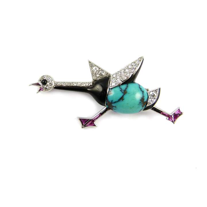 Art Deco diamond and gem set brooch in the form of a goose